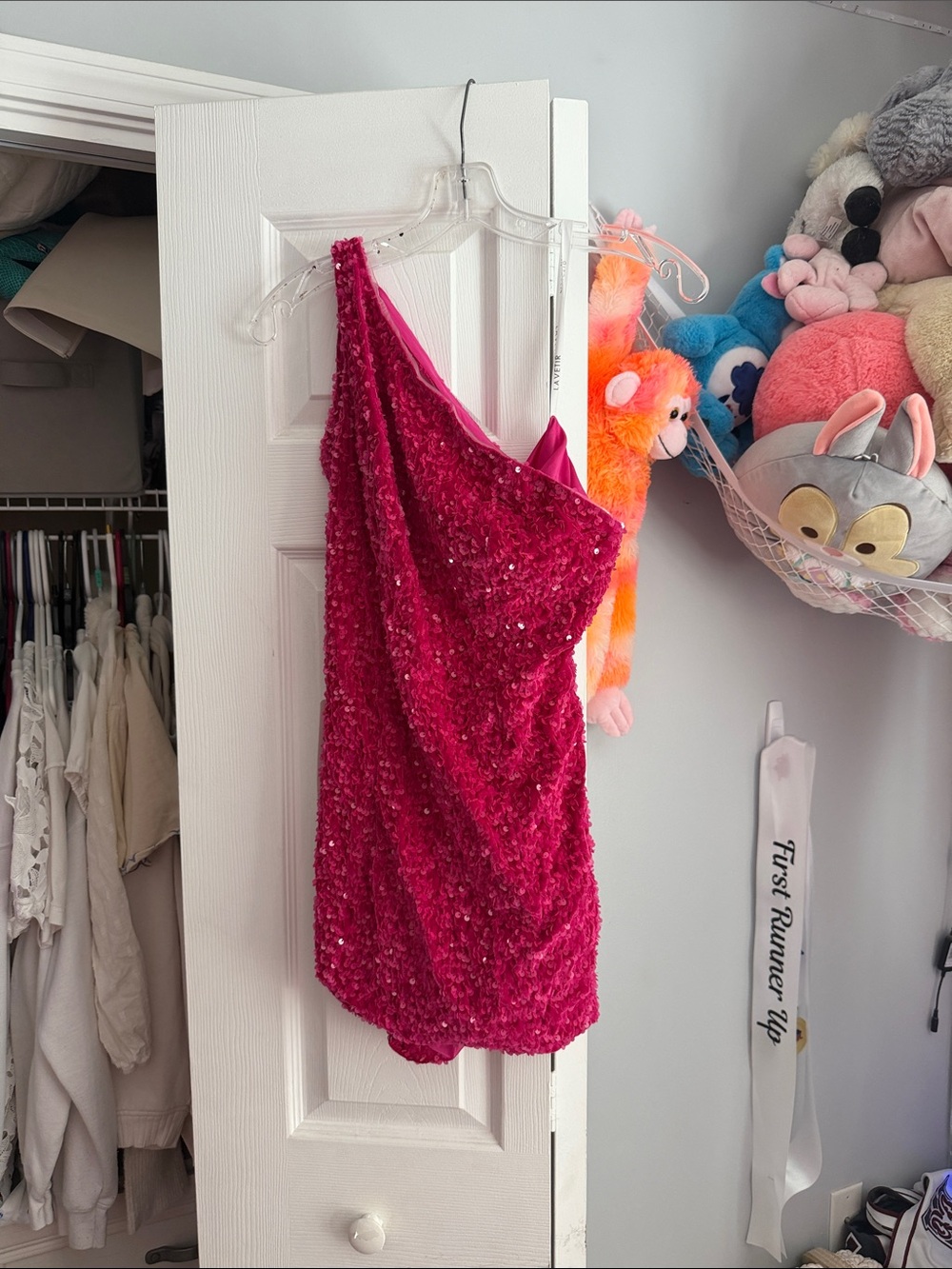 One-Shoulder Hot Pink Sequin Mini Dress